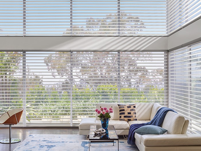 A living room with windows featuring Sihouette® Window Shadings Fabric: Clearview® Mystere™  Color: Galloway